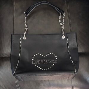 Love Moschino Black Studded Heart Shoulder Bag with Silver Chain Handles